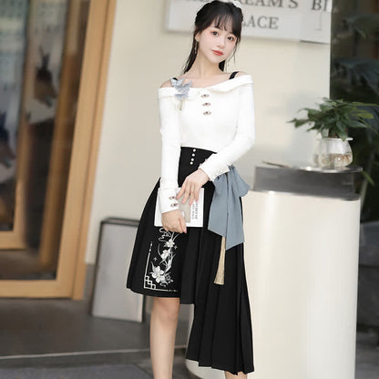 Sweet Embroidery Off The Shoulder Butterfly Shirt Irregualr Bow Pleated Skirt