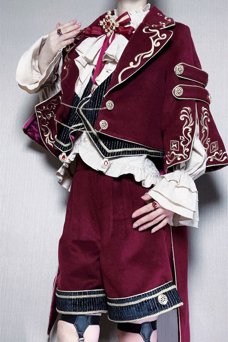 Crimson Royal Heir Embroidery Military Elegant Handsome Ouji Lolita Coat Blouse Shorts Set