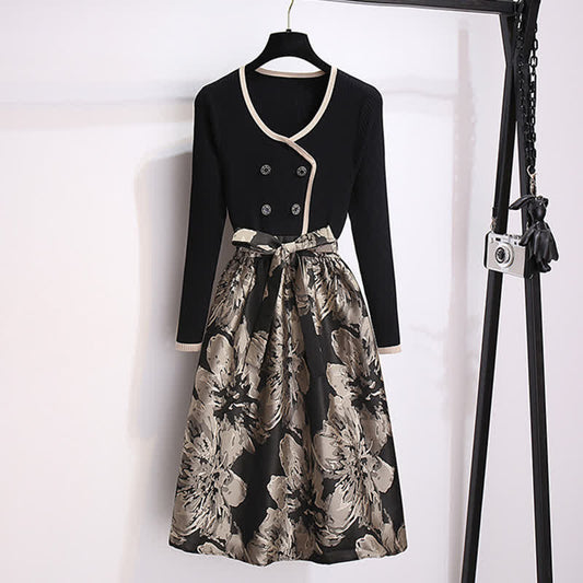 Vintage Black Blossom Print Solid Color Dress