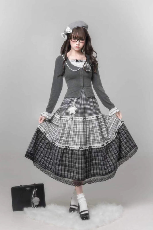 Sweet Lolita Skirt Set with Square Collar, Cut-Out Lace, Star Print, Grey