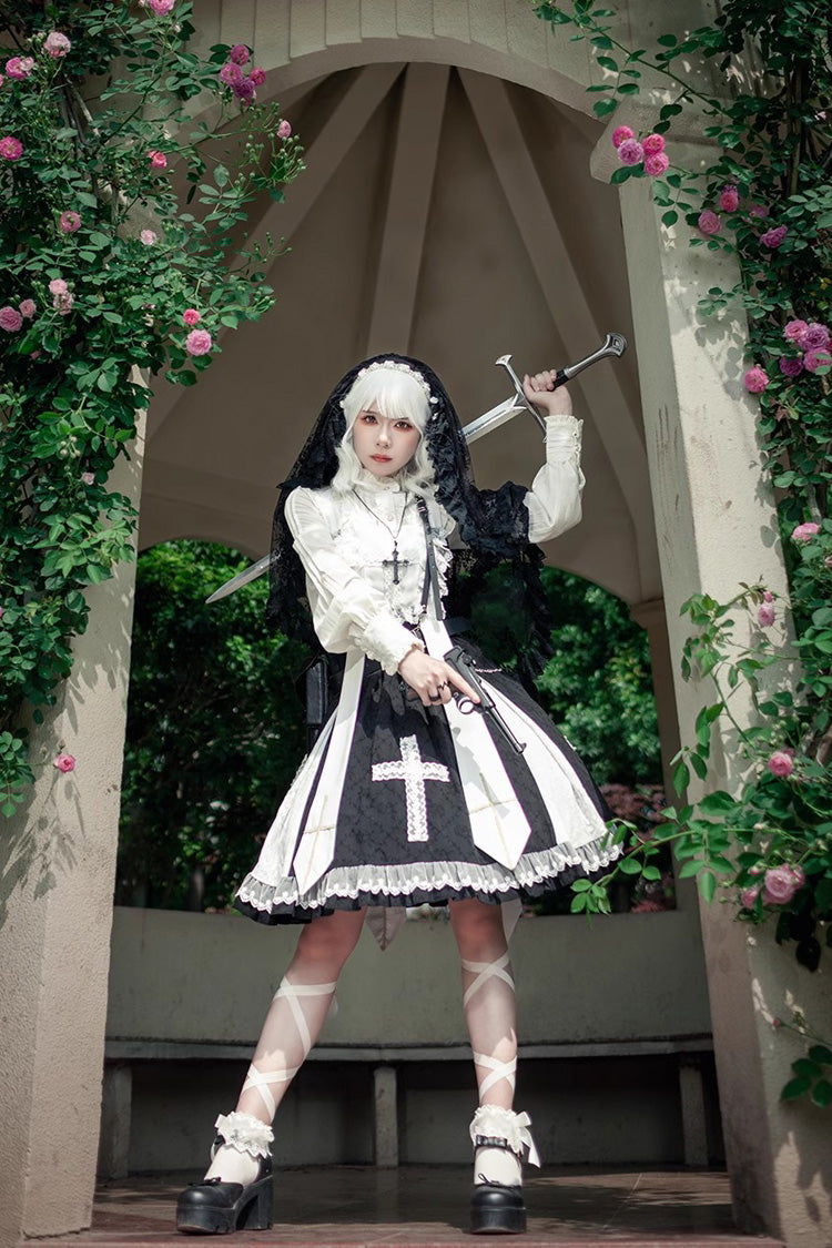 Black Gothic Lolita Dress with Cross Print and Ruffled Sleeveless