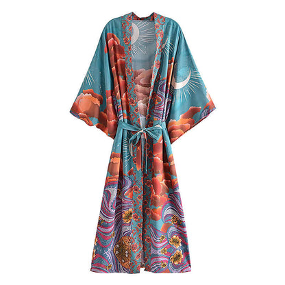 Boho Beach Moon Print Belt Robe Long Cardigan Kimono Outerwear