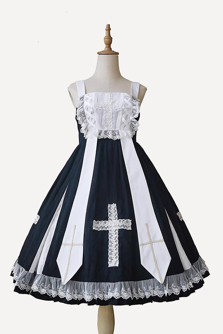 Black Gothic Lolita Dress with Cross Print and Ruffled Sleeveless