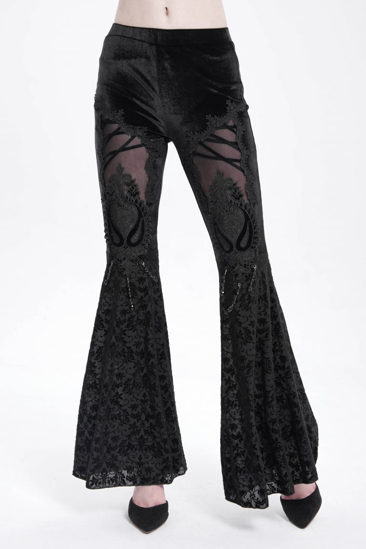 Floral Embroidered Flared Gothic Pants with Cutout Design for Women