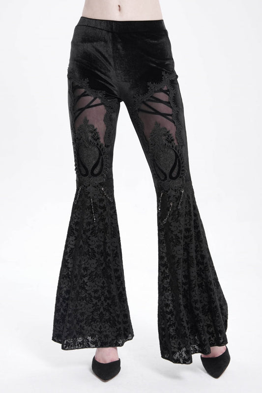 Floral Embroidered Flared Gothic Pants with Cutout Design for Women