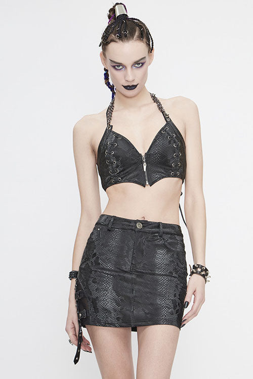 Snakeskin Print Asymmetric Punk Skirt for Women - Black Noir
