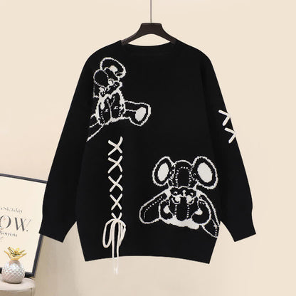 Cartoon Bear Lace Up Sweater Pleated Skirt Set