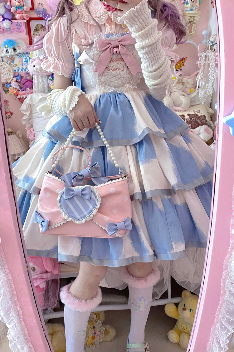 Blue Sleeveless Triple Layer Cow Print Ruffle Bow Sweet Jsk