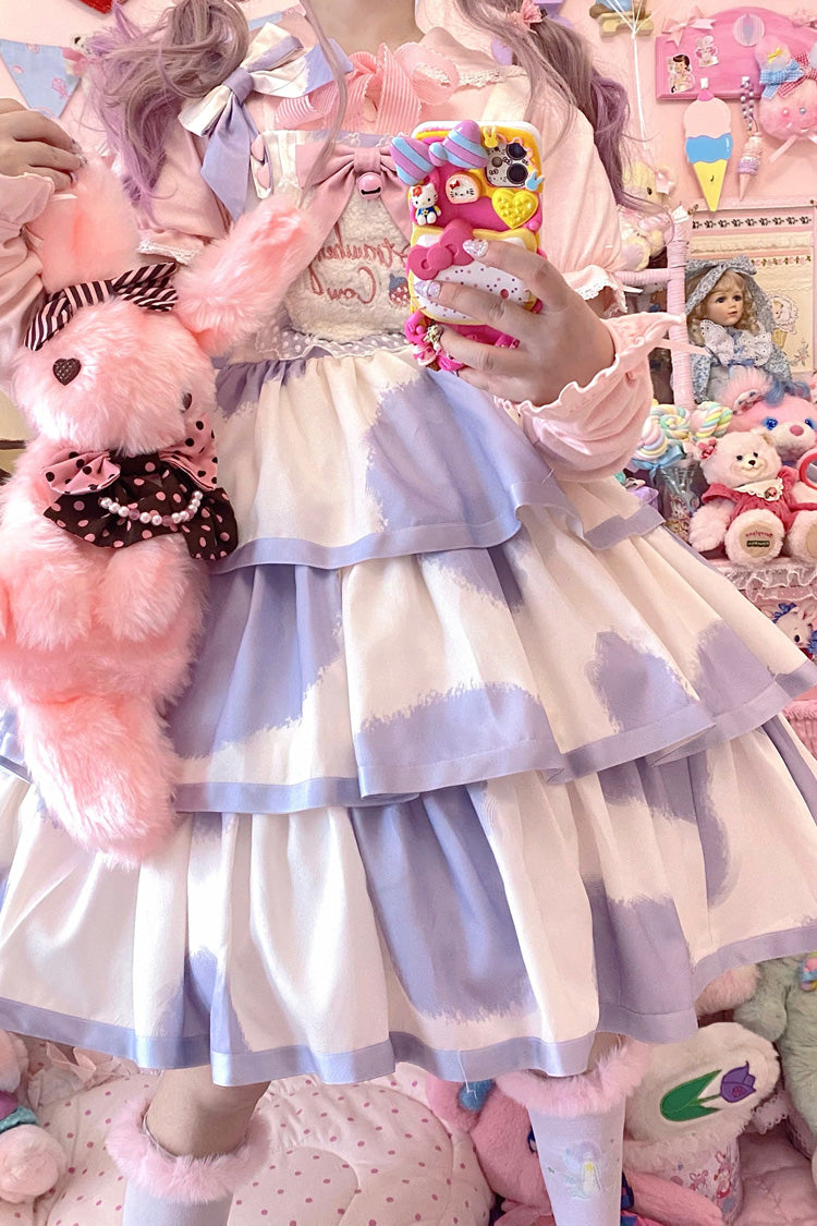 Blue Sleeveless Triple Layer Cow Print Ruffle Bow Sweet Jsk