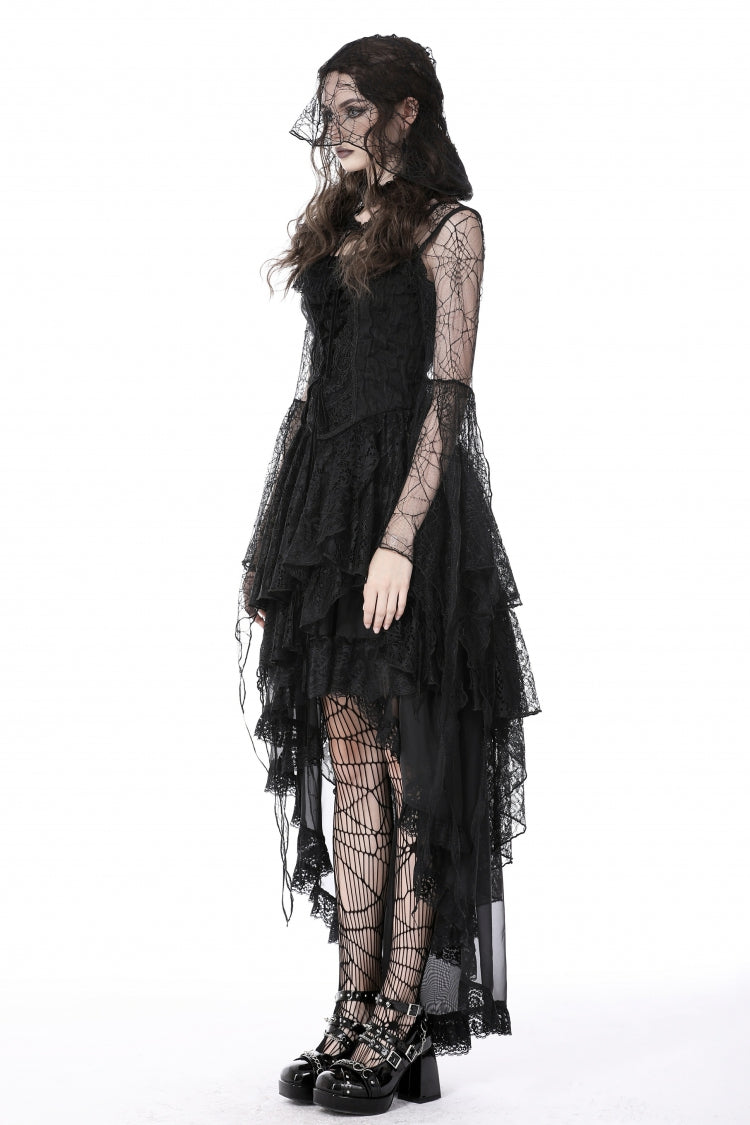 Midnight Spider Web Hooded Cape with Flared Lace-Up Sleeves - Gothic Sheer