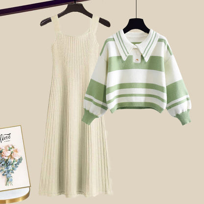 Stripe Green Colorblock Sweater Slip Dres Set