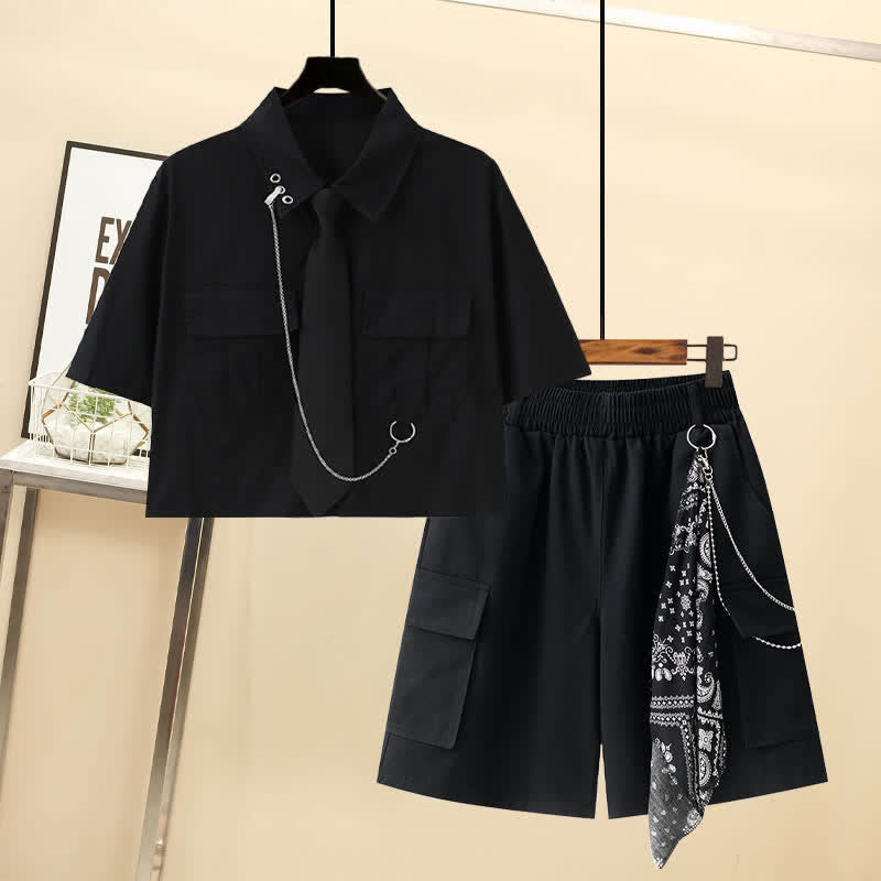 Casual Pocket Lapel Tie T-Shirt Chain Cargo Shorts