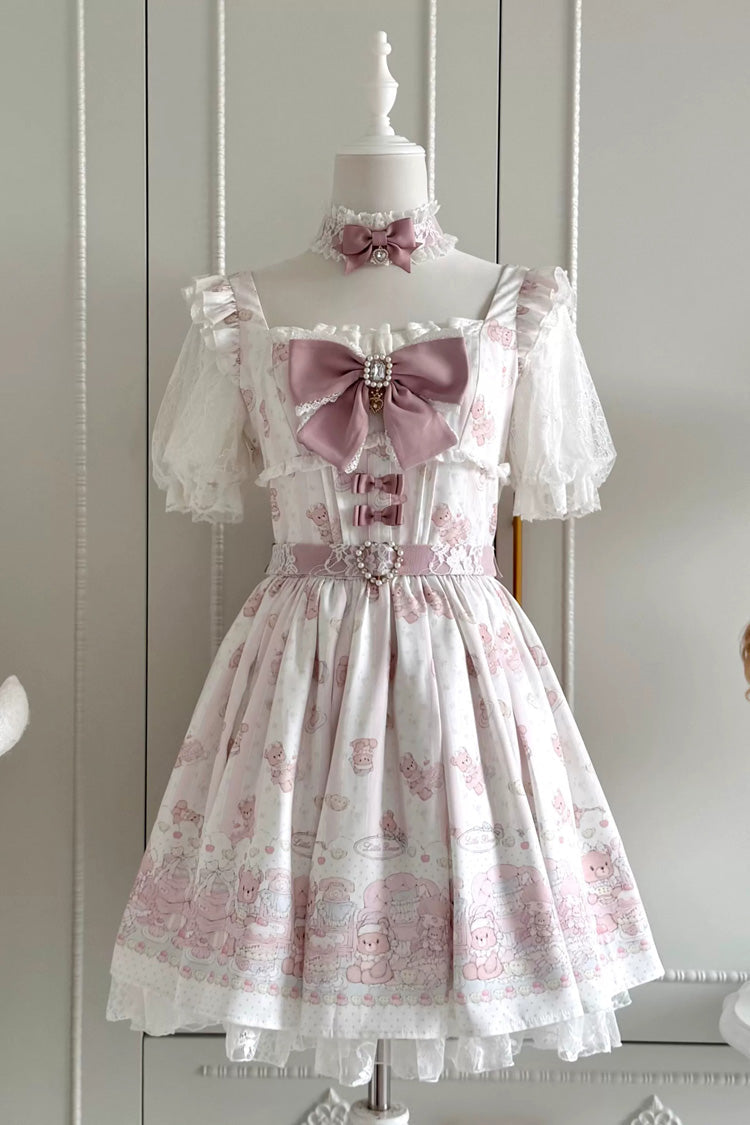 Teddy Bear Party Square Collar Dress with Ruffled Bow