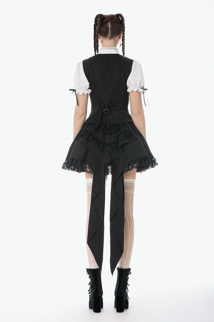 Monochrome Gothic Royal Blouse with Lace Ruffles and Stand Collar