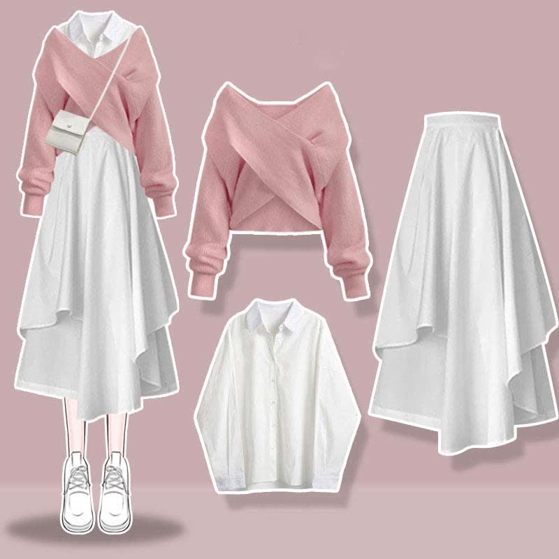 Sweet Cross Knit Sweater Lapel Shirt Irregular Skirt Set