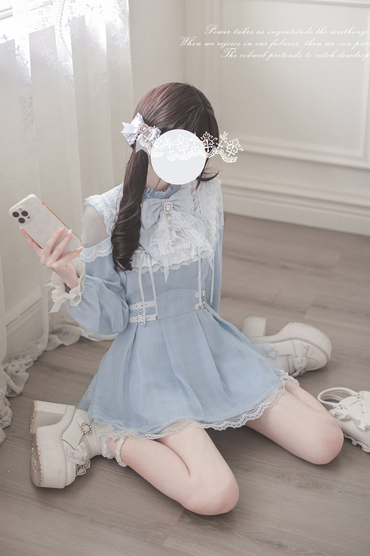 Aqua Long Sleeve Bow Lace Sweet Jirai Kei Dress
