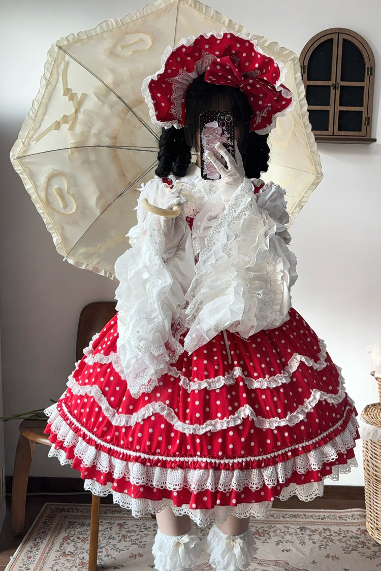 Red Polka Dot Floral Ruffle Lace Up Sweet Lolita Dress