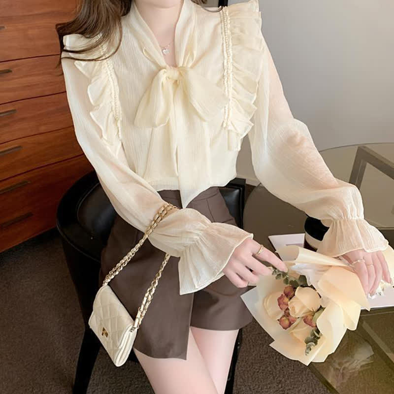 Elegant Bowknot Flouncing Chiffon Shirt