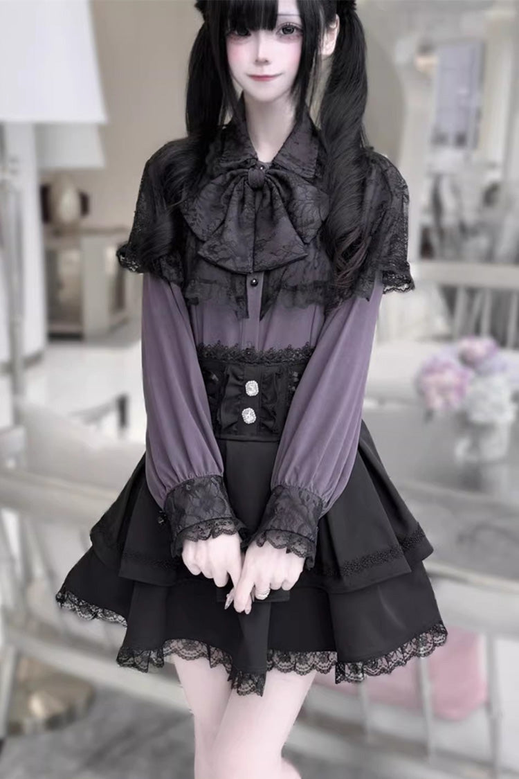 Dark Moon Shadow Double-Layered Ruffled Embroidered Bow Corset Gothic Jirai Kei Top and Skirt Set