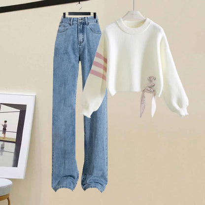 Sweet Stripe Sleeve Sweater Letter Casual Denim Pants