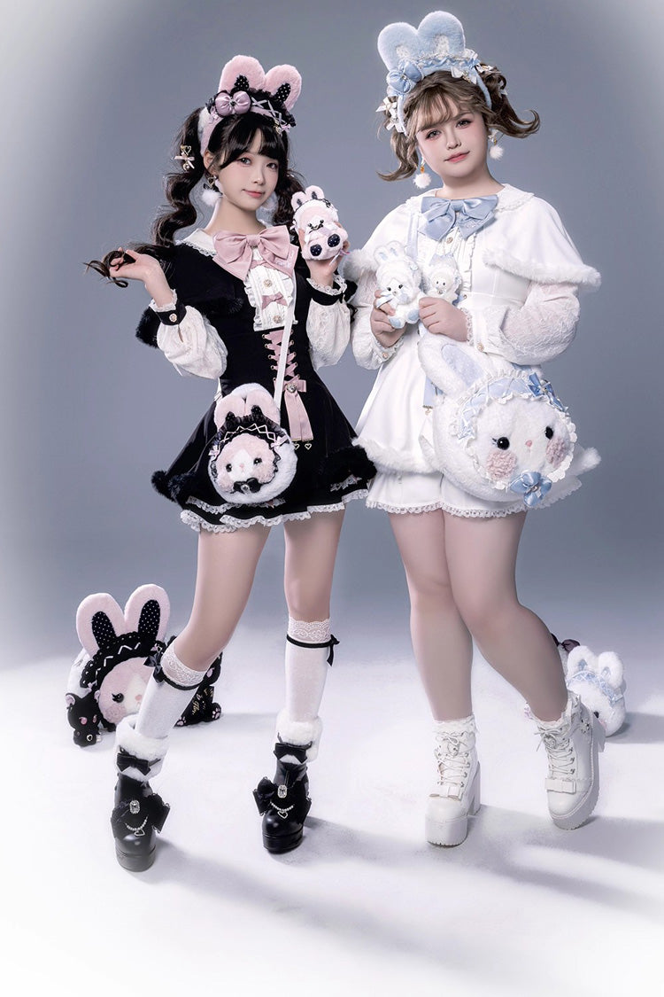 Ivory Ruffled Bow Lace-Up Japanese Dark Jirai Kei Plush Set