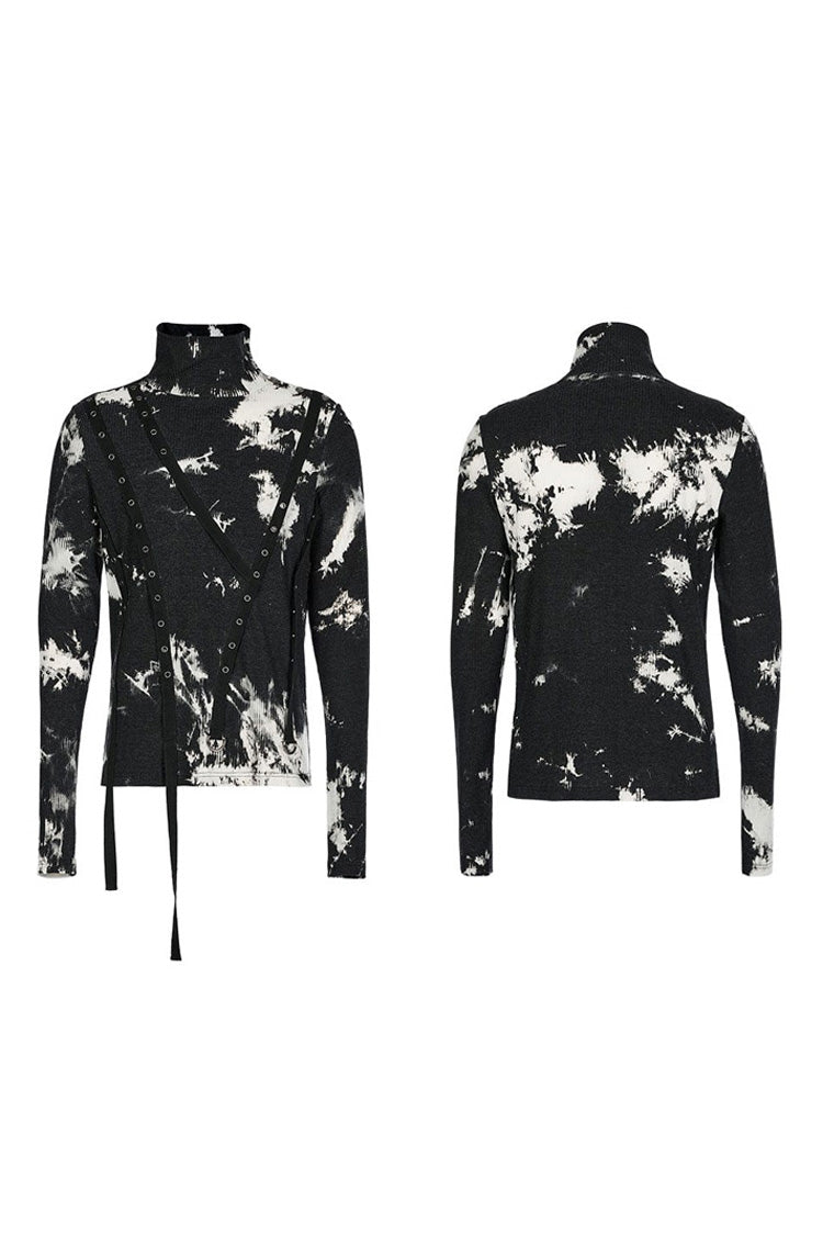 Monochrome Punk Shirt with Metal Buckles, Side Buttons, and Tie Dye