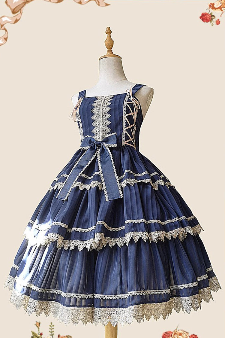 Dark Blue Three-Tiered Sweet Lolita Dress with Ribbon and Sleeveless