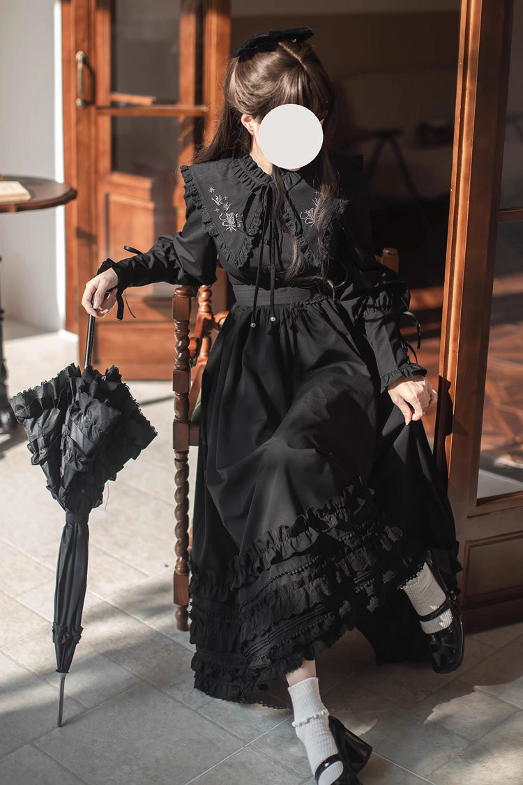 Noir Long Sleeve Ruffle Embroidered Bow Vintage Elegant Dress - Wind Kissed Tulips