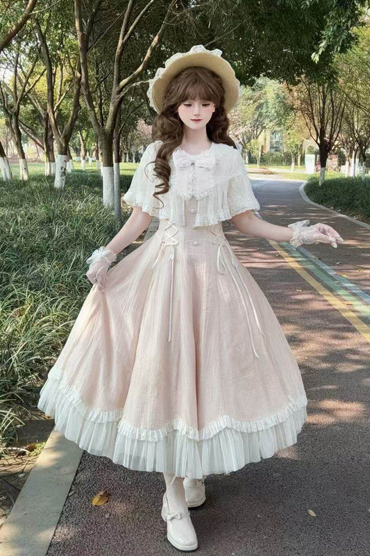 Wind Chime Lolita Dress with Embroidered Bow & Lace-Up Front