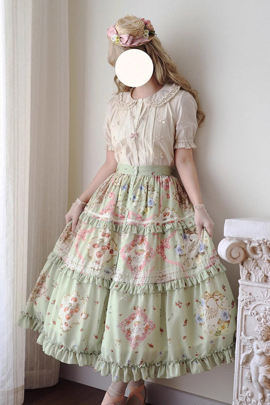 Green Cat Rose Tea Print Daily Sweet Lolita Skirt