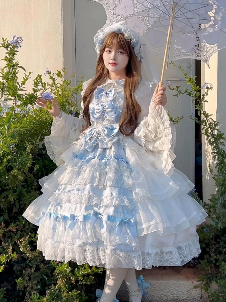 and Hanayome White Hime Full Tiered Skirt Bows Decoration Blue Dress Lolita Set JSK