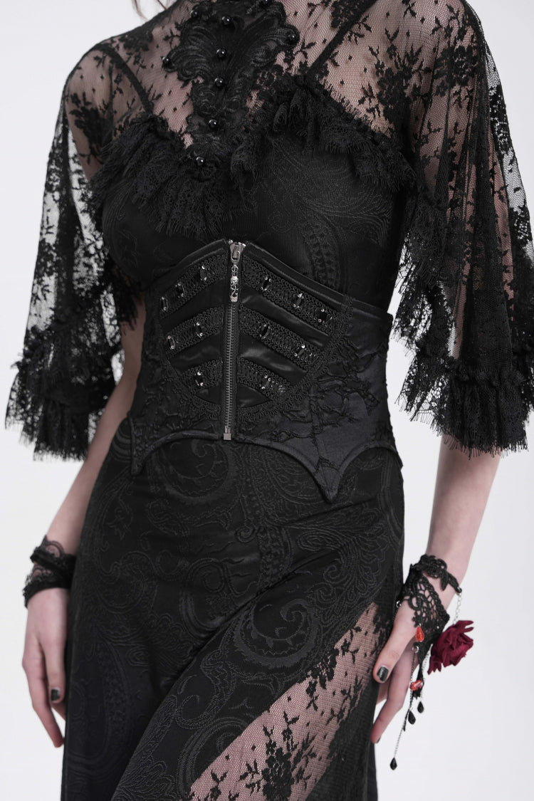 Underbust Corset with Batwing Beaded Lace-Up & Zip Closure