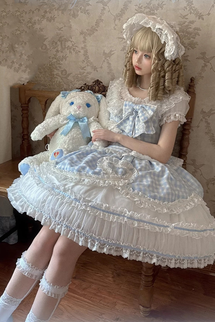 Tea Break Sweetheart Short Sleeve Plaid Print Ruffle Sweet Lolita Gown