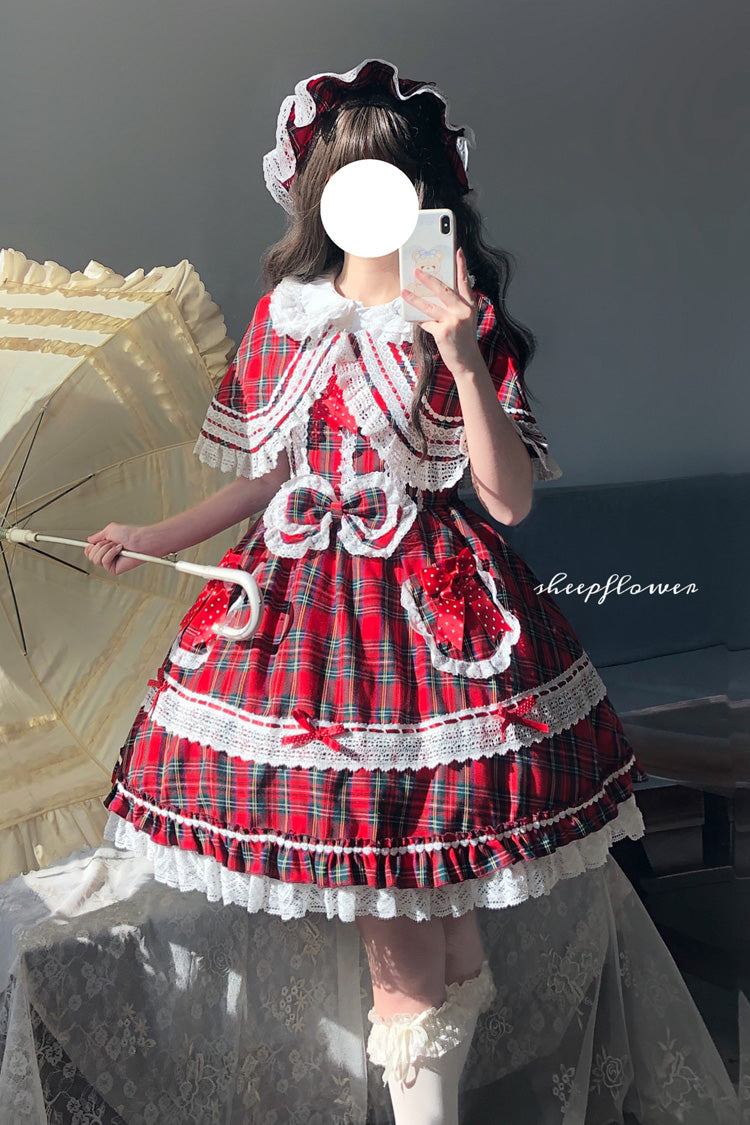 Red [Bobo Bunny Doll] Printed Ruffled Bow Lace-Up Sweet Lolita Jsk Dress 2 Colors