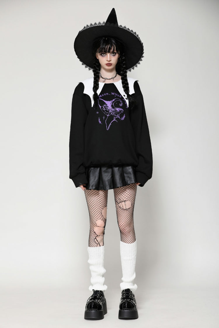 Monochrome Gothic Vintage Sweatshirt with Peter Pan Collar and Long Sleeves