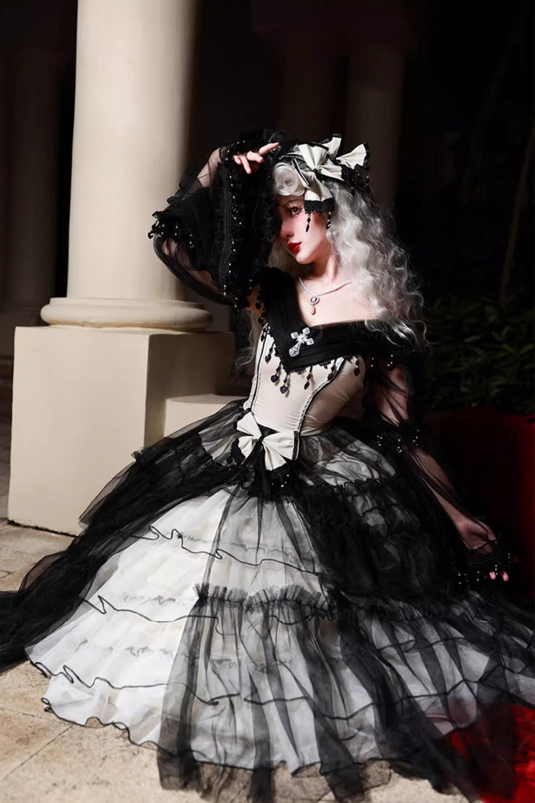 Monochrome Gothic Plus-Size JSK with Lace-Up Front and Hanayome Ruffles - Long