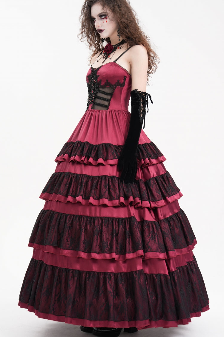 Red Multi-Layered Ruffle Lace-Up Mesh Women's Gothic Dress