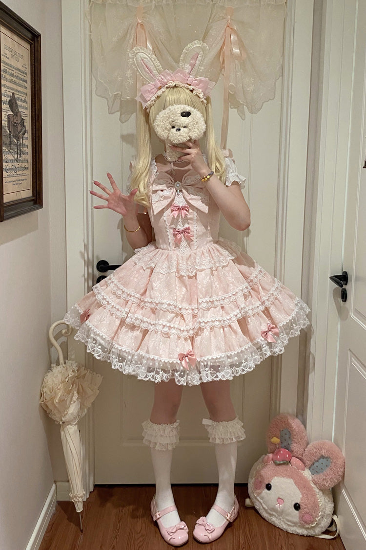 Rose Mist Cherry Multi-Layer Bow Lace Lolita Jumper - Sweet Mist Cherry Romance