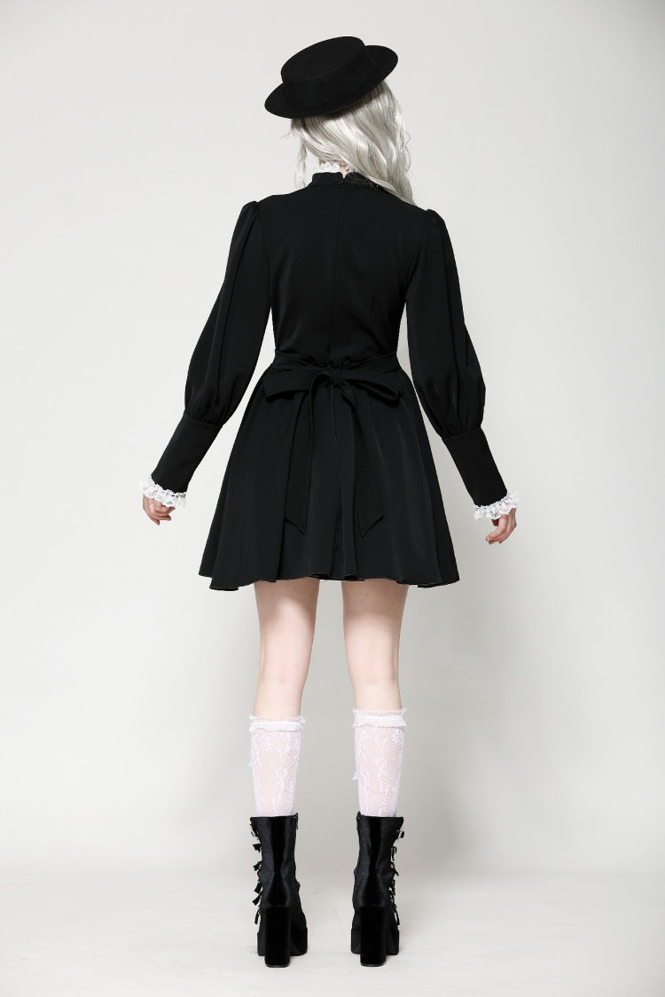 Monochrome Gothic Dress with Pleated Lace, Stand Collar, and Puff Sleeves