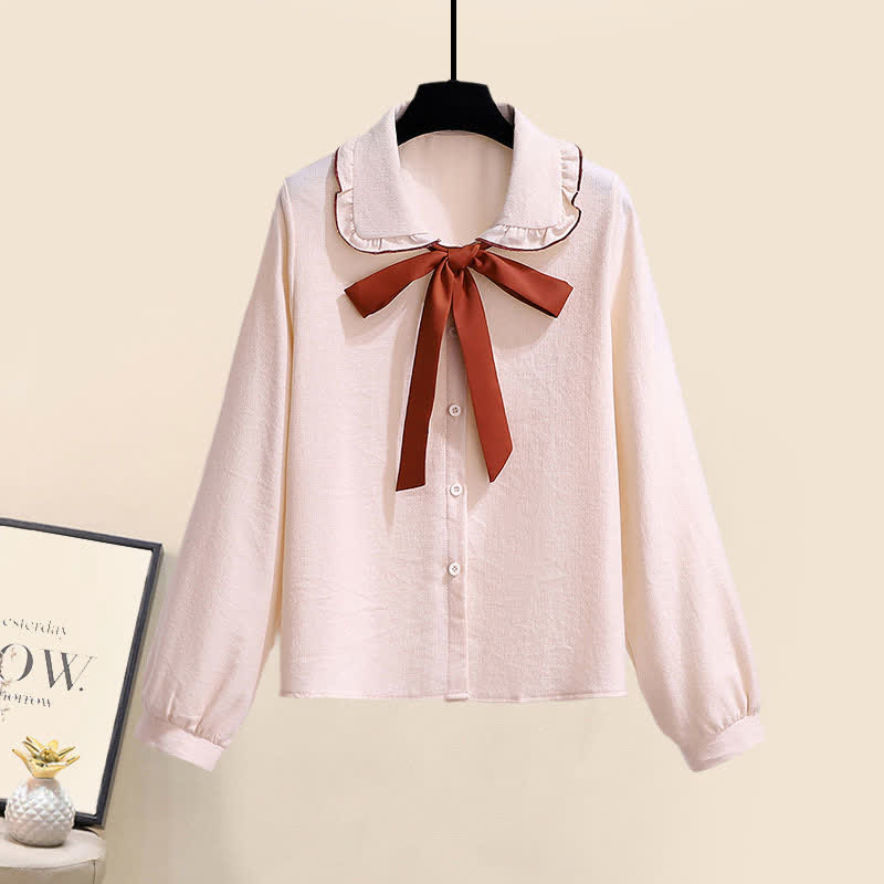 Sweet Cardigan Sweater Bow Tie Shirt Pleated Skirt Set