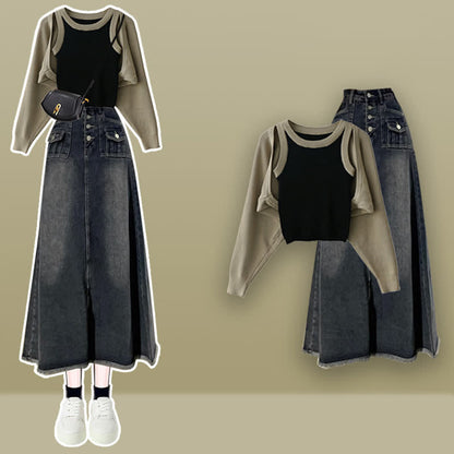 Chic Knitted Cardiagn Cami Top Denim Skirt