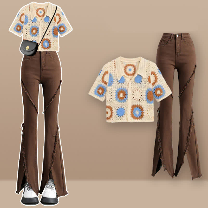 Floral Hollow T-Shirt Fringed Split Denim Pants Set