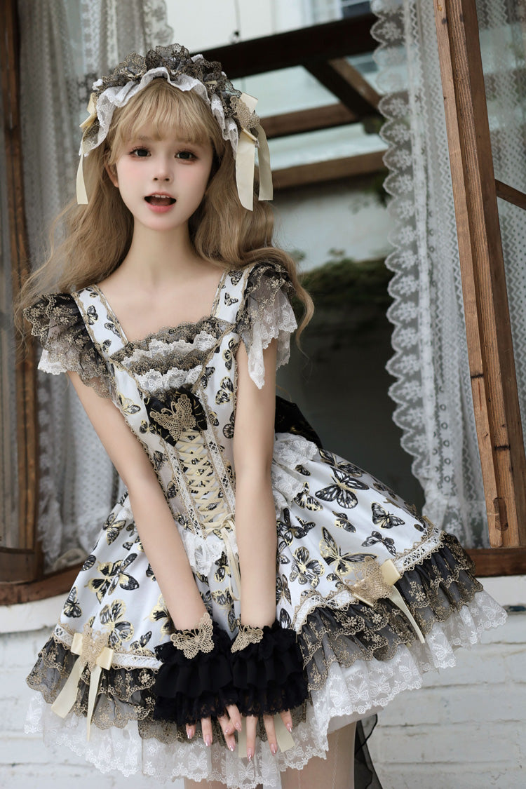 Golden Spirit Butterfly Print Sleeveless Ruffle Lace-Up JSK Dress Set