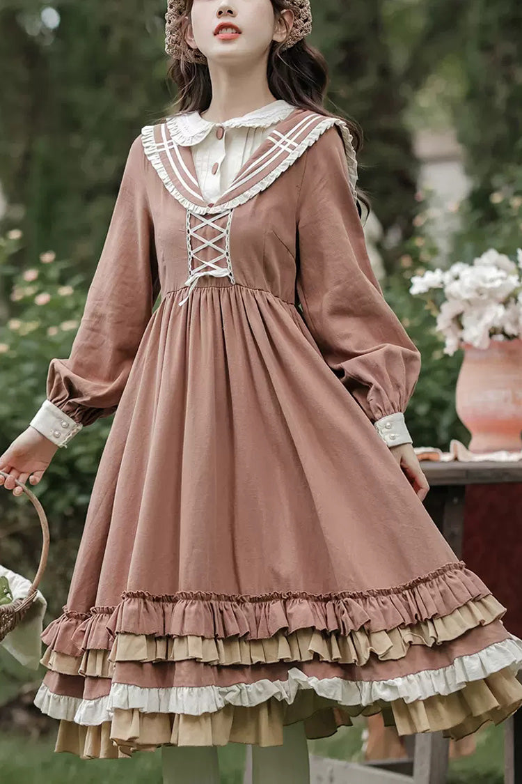 Brown Layered Dress with Ruffles - Sweet Lolita