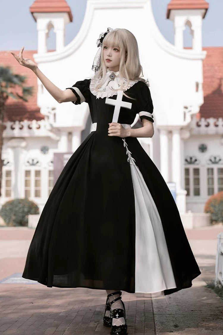 Monochrome Color-Blocked Gothic Dress with Detachable Embroidered Faux Collar