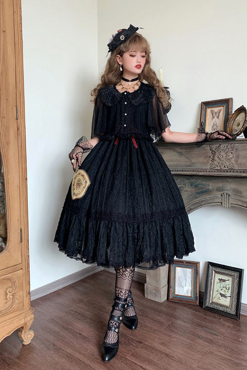Vintage Rose Multi-Layer Embroidered Sweet Lolita JSK - Black Ruffled Elegance