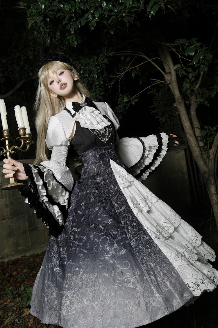 Monochrome Gothic Princess JSK with Bone Print, Ruffled Cardigan, and Lace