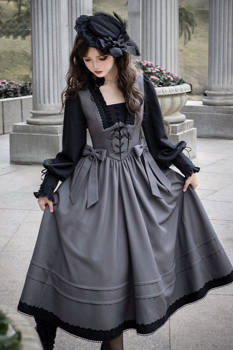 Ash Square-Collar Color-Block Lolita Gown with Lace-Up Bow