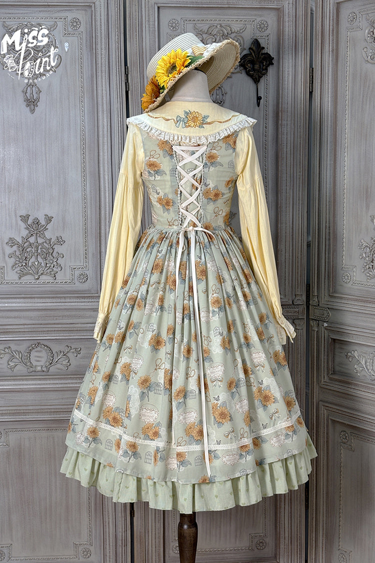 Green Sunflower Sleeveless Floral Bow Elegant Uplift Jsk