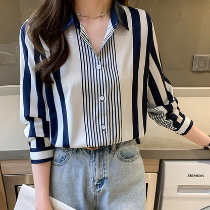 Stripe Print Long Sleeve Lapel Shirt Workwear